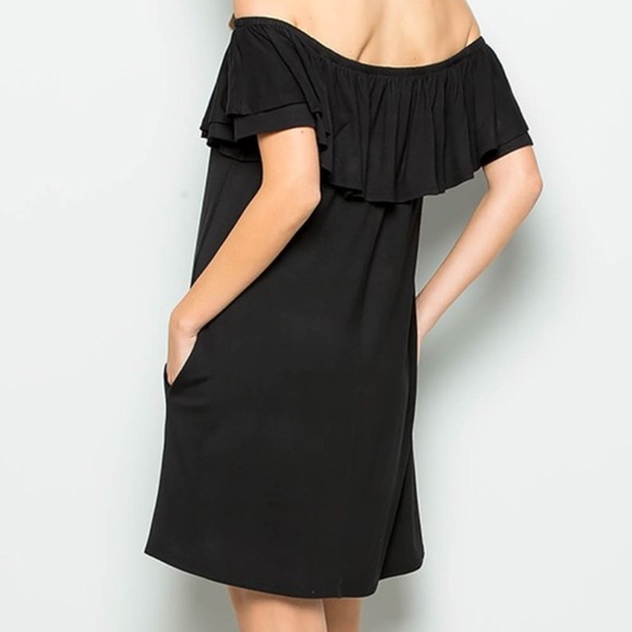 Ruffle Off Shoulder w/pockets Swing LBD Dress - Picture 5 of 5